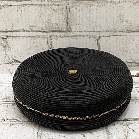 ERIC JAVITS Black Straw Woven 7.5” Round Wristlet - Picture 4 of 16